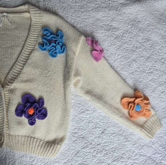 Dreamers Cream Knit Cardigan With Colorful Crochet 3D Flowers Sweater - Picture 4 of 14